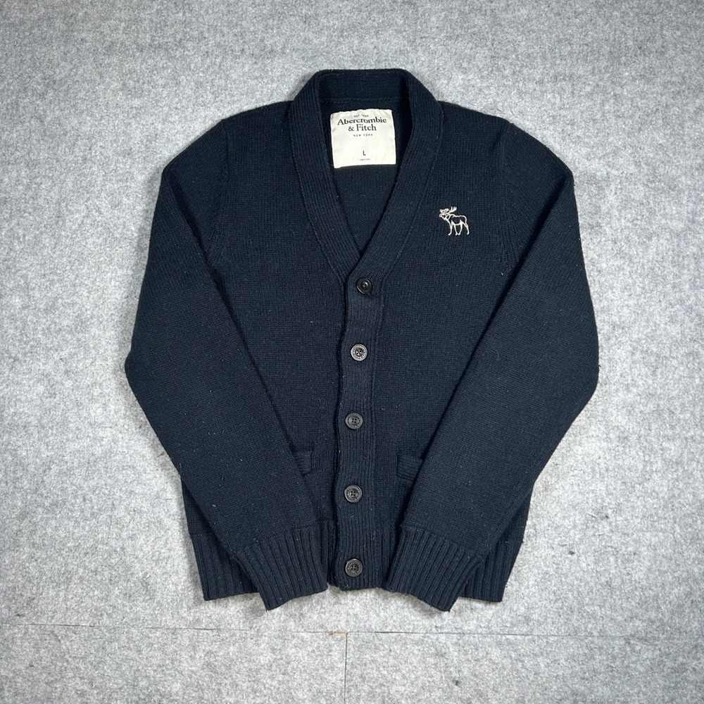 Abercrombie & Fitch Cardigan Mens L Black Wool Blend Shawl Collar Moose Logo